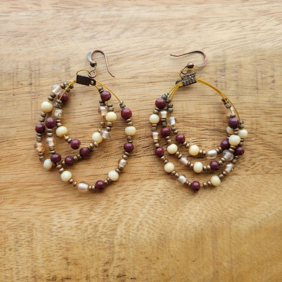 Layered Beaded Necklace n Hoop Earrings Set Boho Multi Strand Statement Jewelry - Picture 4 of 10